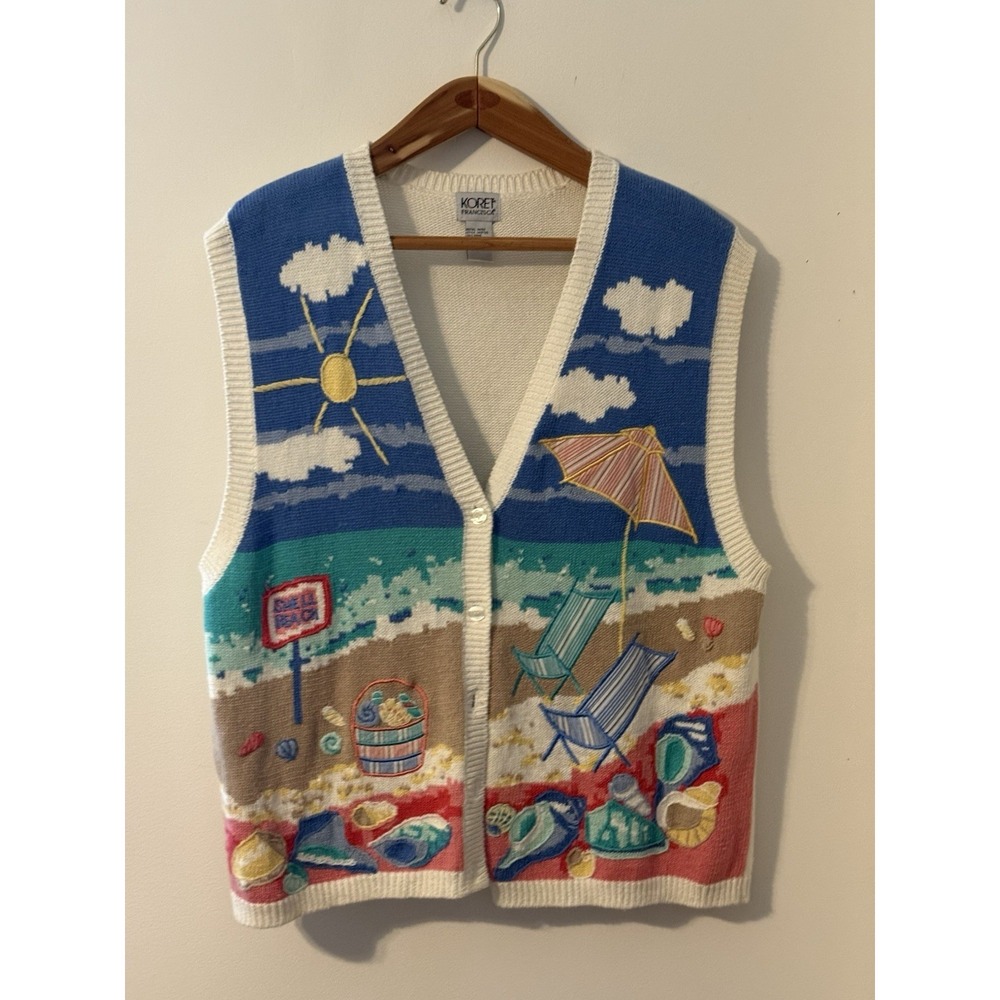 Vintage Koret Francisca Embroidered Knit Vest XL Beach Scene Grandmacore